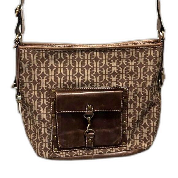 Fossil Brown Jacquard and Leather Shoulder Bag - Picture 1 of 9